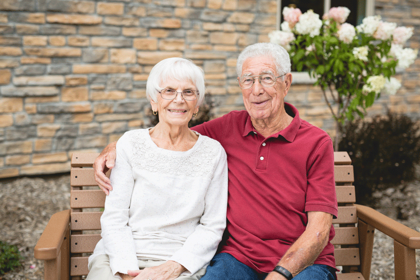 Irv and Delores Wiese, as seen here outside in our courtyard, have been 
Saint Therese residents since March 2016.